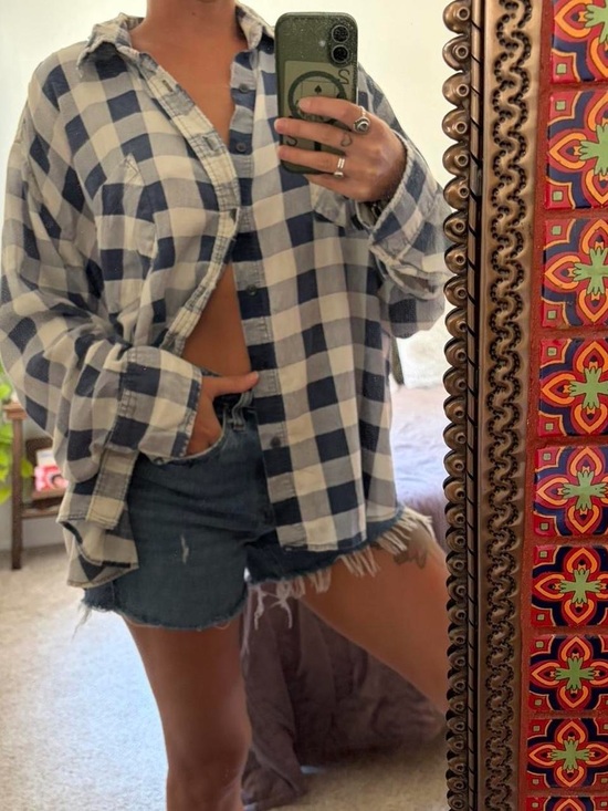 Tops - Distressed Blue and White Plaid Button-Up Shirt